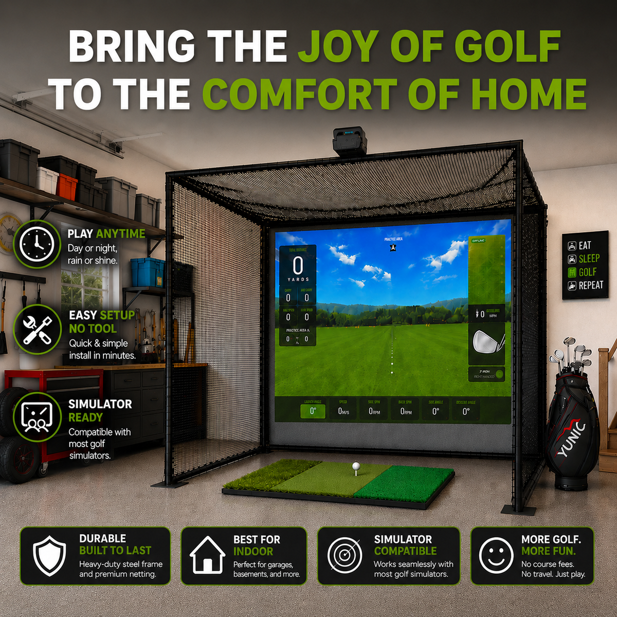 Premium Metal-Frame Golf Cage Simulator Impact Screen Enclosure